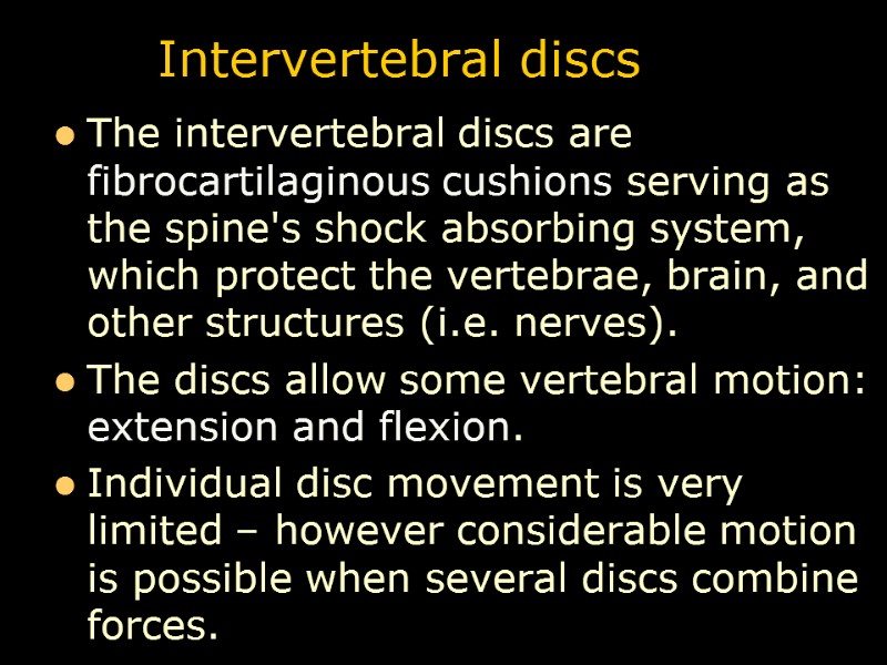 Intervertebral discs The intervertebral discs are fibrocartilaginous cushions serving as the spine's shock absorbing